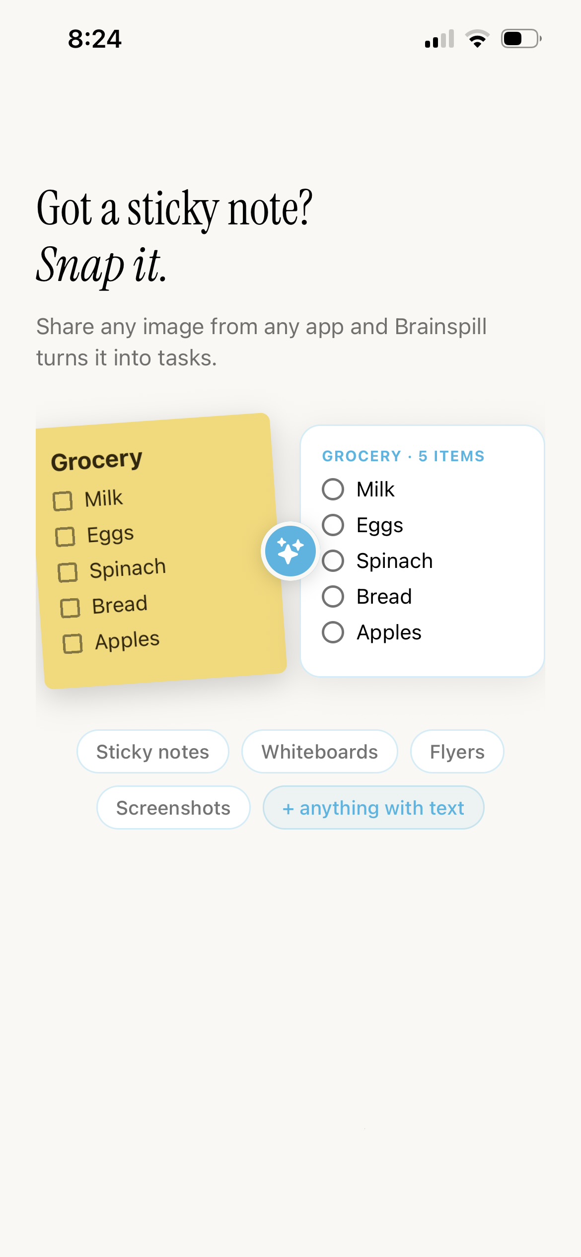 Snap-a-spill turning a yellow sticky note of groceries into a checklist of five items.