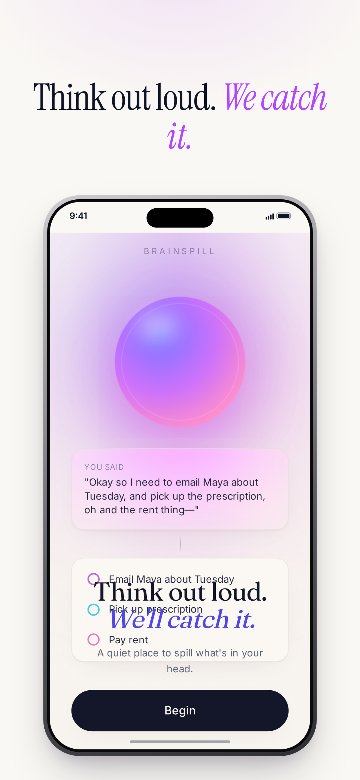 Brainspill turning a spoken transcript into tappable tasks